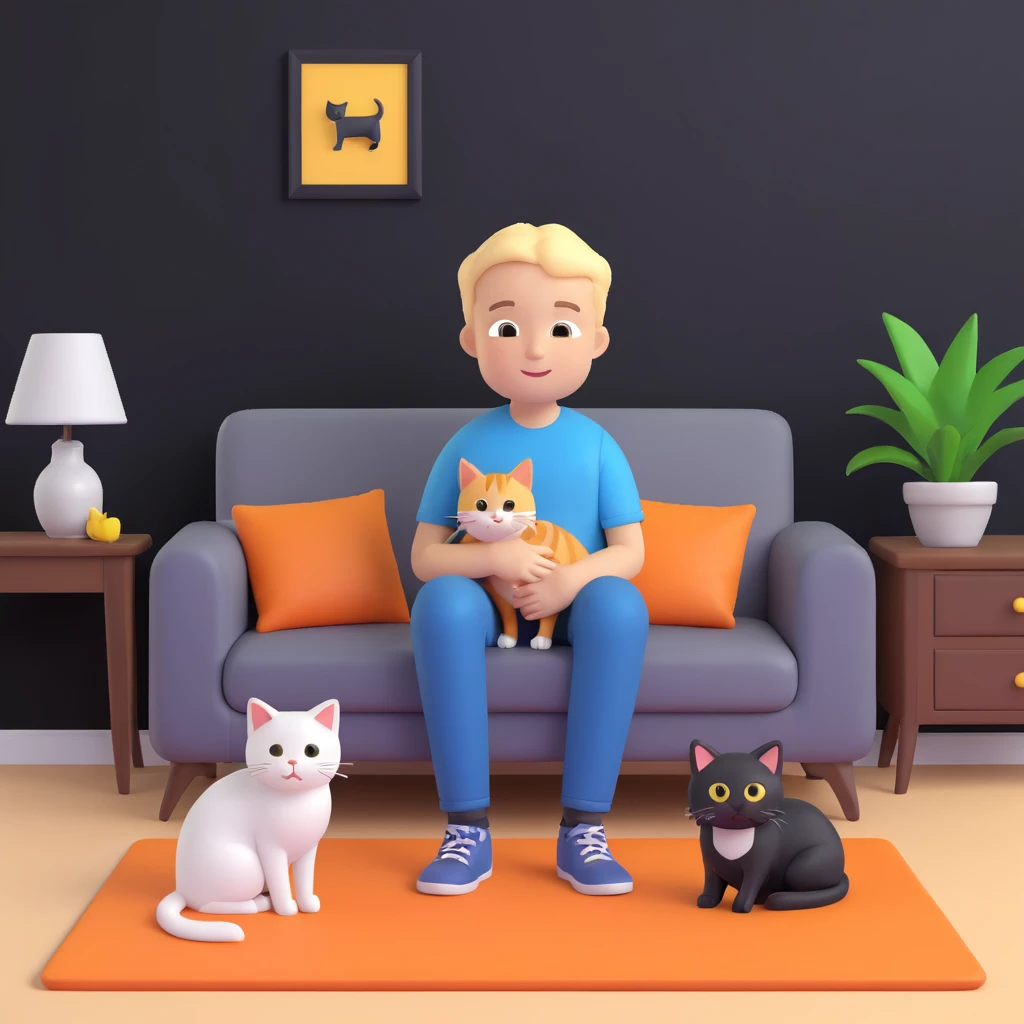 boy and cat pet, living room background emoji