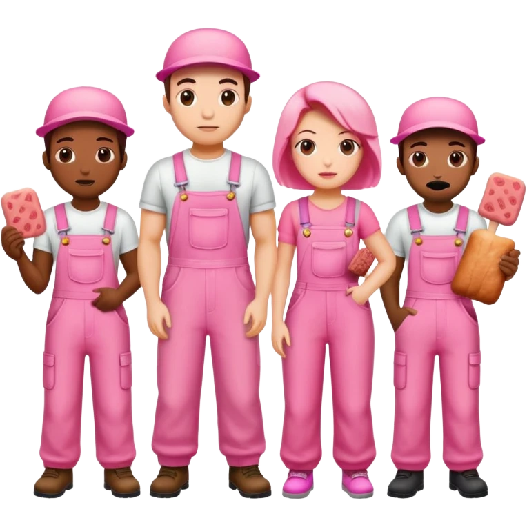group of artists wearing pink overalls protesting for spam meat art emoji