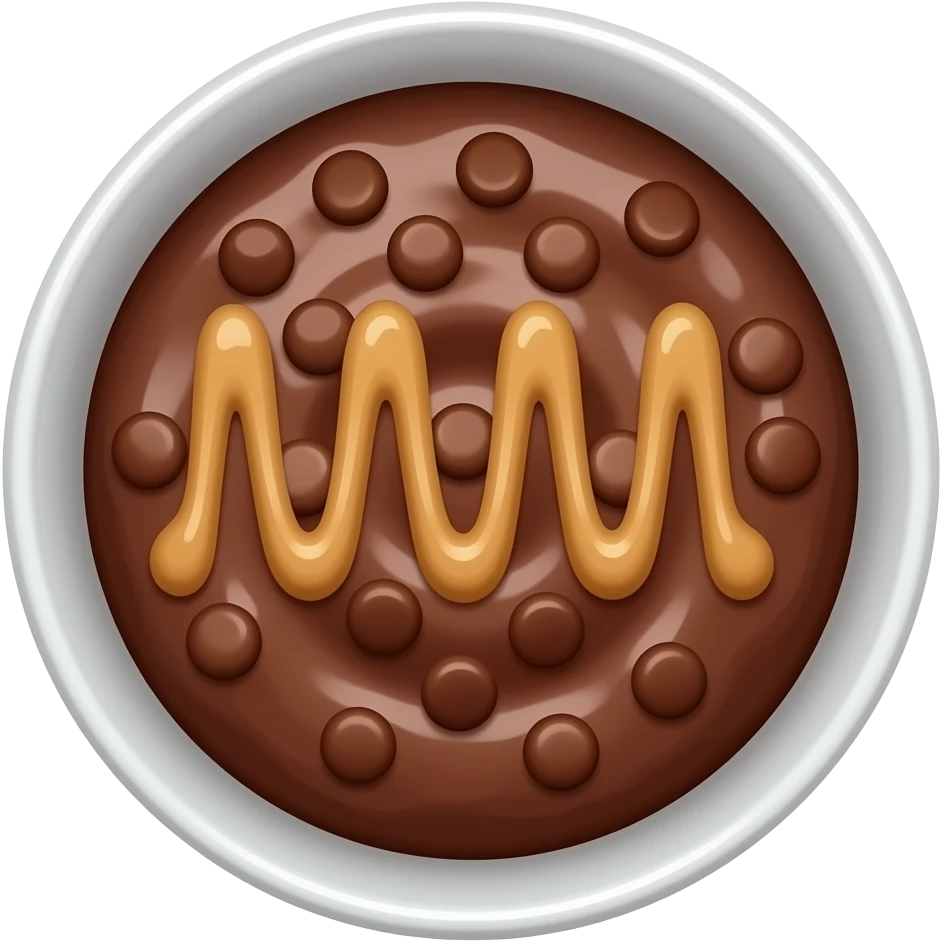 Crea un cuenco de gachas de chocolate con trozitos de chocolate por encimacon y crema de cacahuete esparcida en zigzag emoji