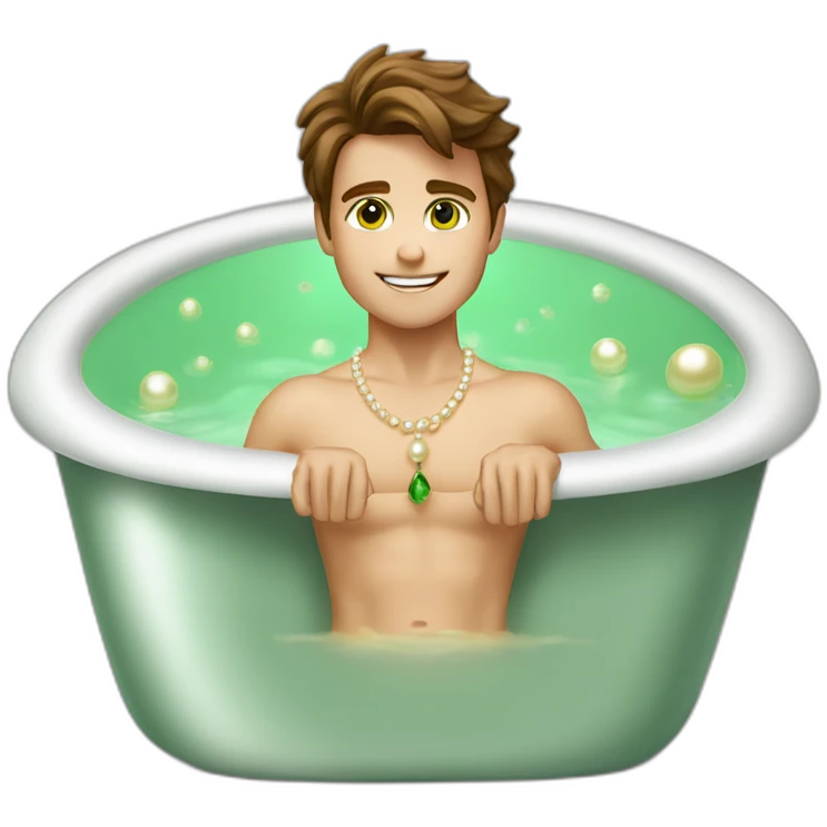 Posh-muscle-boy-brown-hair-green-eyes-pearl-necklace-in-golden-bathtub emoji