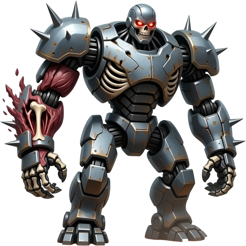 Make a scary looking world destroying robot with a left arm made of human flesh emoji