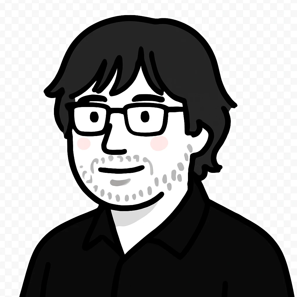 A gentle-looking man with rectangular glasses, longer shaggy hair with wispy bangs across the forehead, chubby round cheeks, a broad flat nose, and a light beard emoji