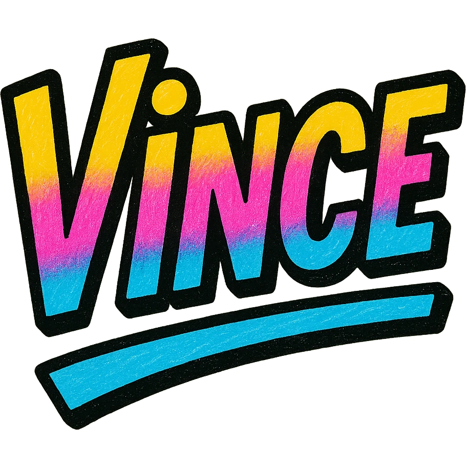 Vince name in modern colorful gradient font with dark outline, dynamic slanted or partial underline, in the style of reference patterns emoji