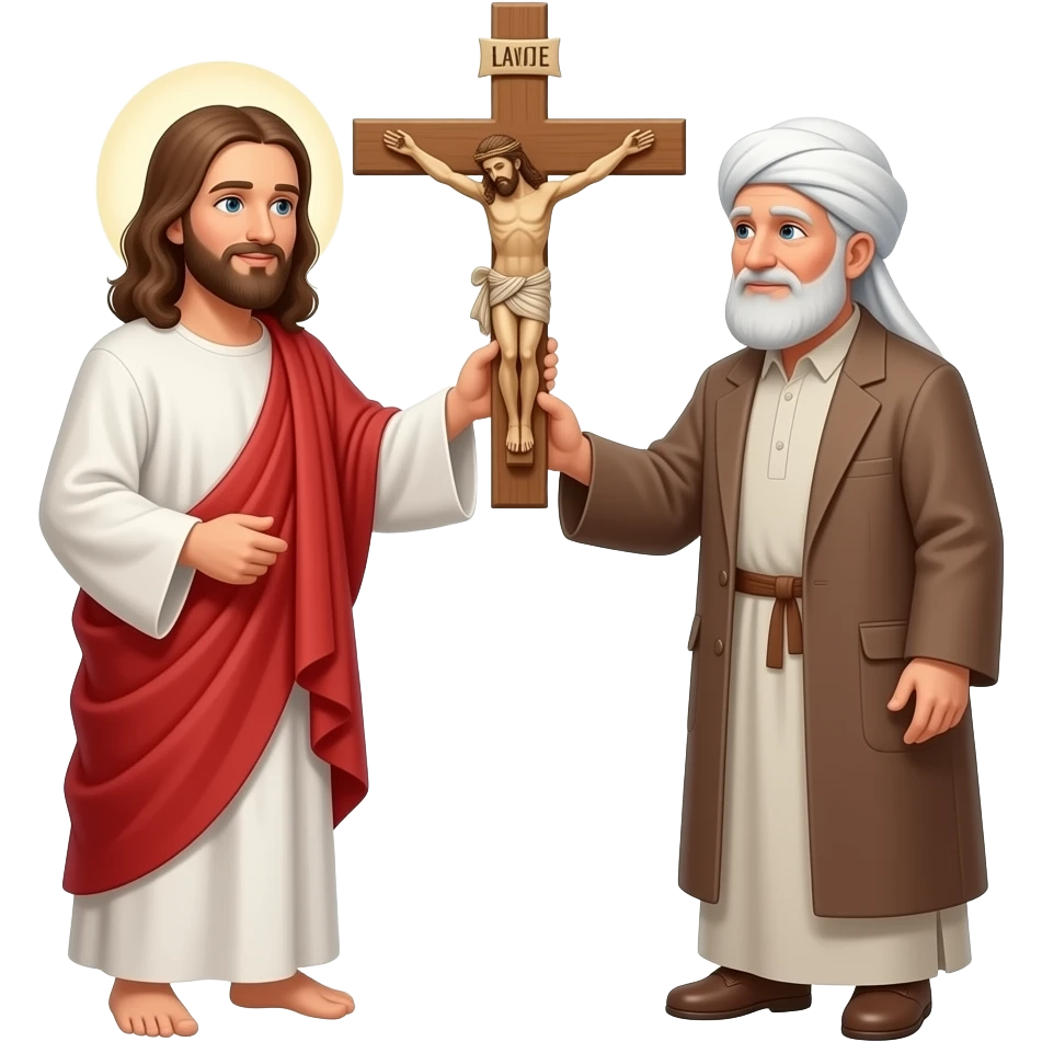 Иисус дает большой крест распятия пожилому мужчине мусульманину emoji