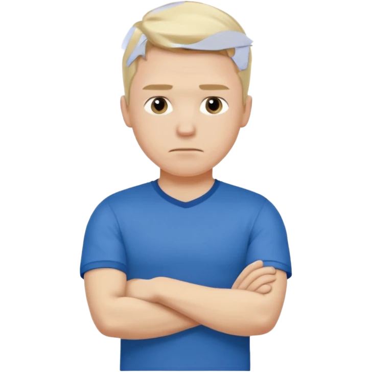 Pale blond man in blue football t shirt crossed arms showing that he is cold emoji