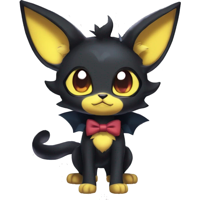 Shiny Dark Cool Edgy Black beautiful ethereal fantasy Kawaii Sona Umbreon-Litten-Fakemon-cat-animal with edgy bat-ears bow tie black emo-mane vtuber model Full Body emoji