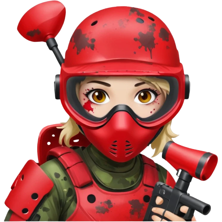 girl playing paintball with red paintball gear and only face emoji