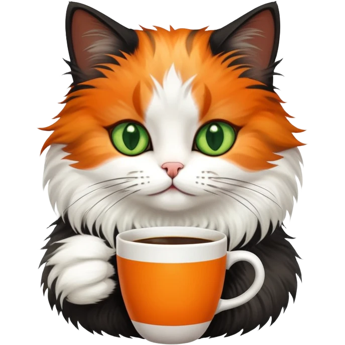 tricolor fluffy cat with big green eyes drinking a cup of coffee emoji