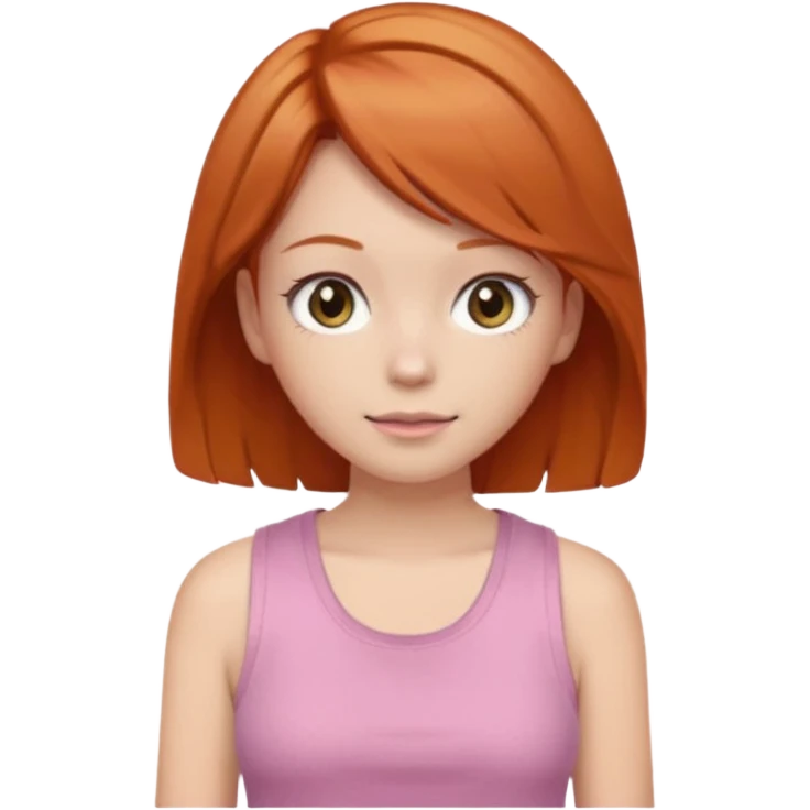 Create emojis of a girl with ginger hair and a hime haircut, gray eyes. She's wearing a pink tank top and a brown sweatshirt. emoji