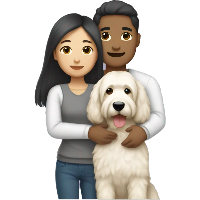asian couple with straight hair hugging with a big white goldendoodle emoji
