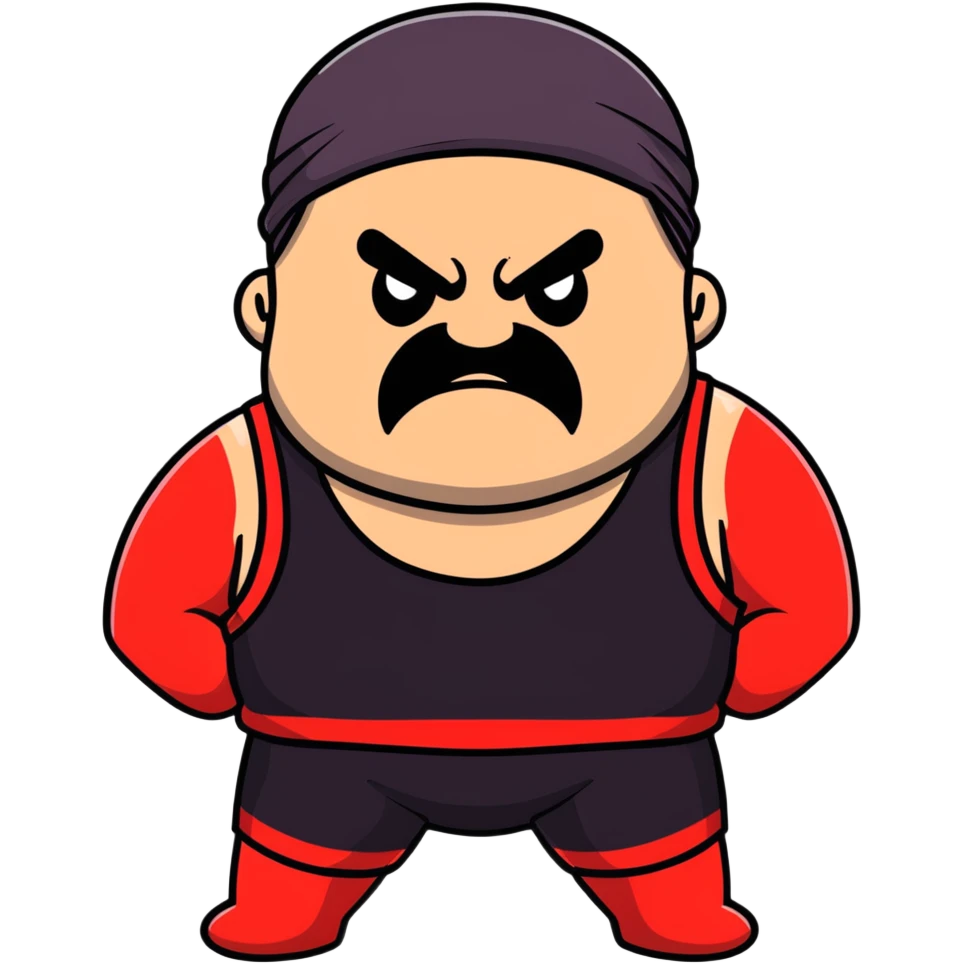 White skin fat guy with prominent black durag, short black beard and mustache, black eyes in a red and black wrestling singlet with angry face emoji