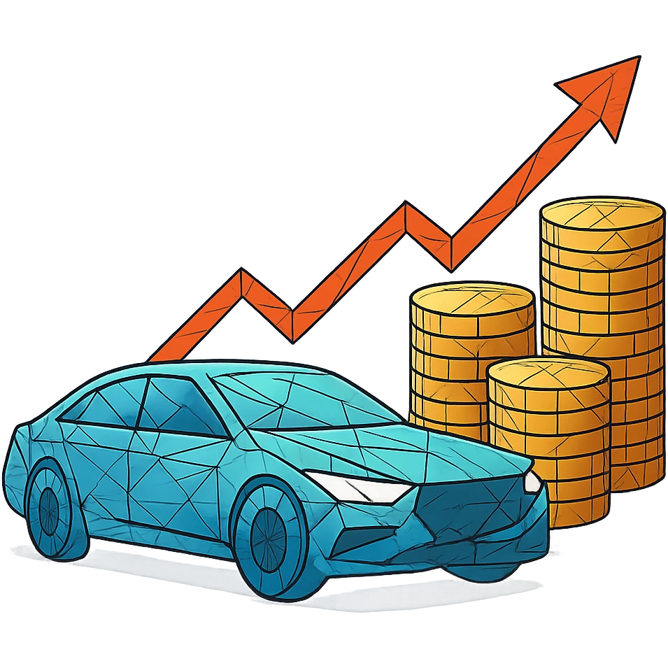 polygonal style car with gold coins and upward trend line, showing financial growth emoji