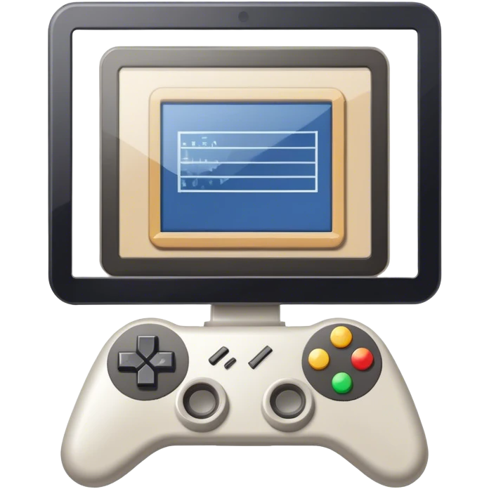 Professional icon for Game Design: a computer screen with a game interface, 3D models, pixel art, wireframe, and design tools like a grid and stylus. Gamepad. The icon should represent the technical and creative aspects of game development. Transparent background. emoji