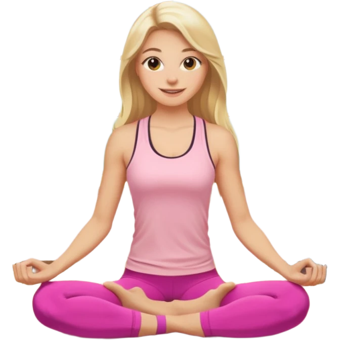 Create a young woman with long blonde hair, golden eyes, and medium-light skin tone, wearing a light pink tank top and leggings. She should be doing home worjout, with a smile emoji