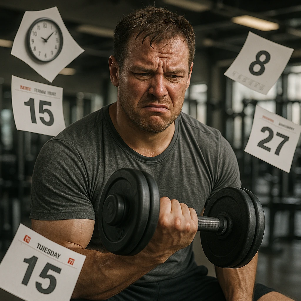 hyper realistic man doing many repetitions in gym, looking tired and dissatisfied, symbols of lost time like flying calendar pages, realistic details, gym background emoji