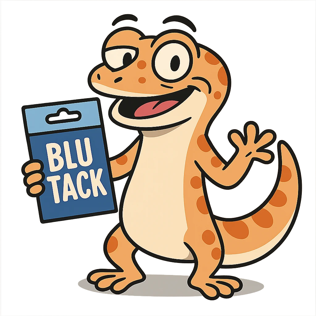 a gecko holding a pack of blu tack, cartoon style, playful emoji