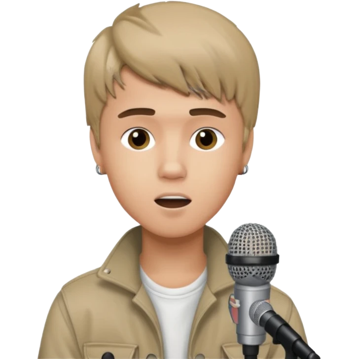 Justin Bieber, around 16, casual clothes, singing into mic emoji
