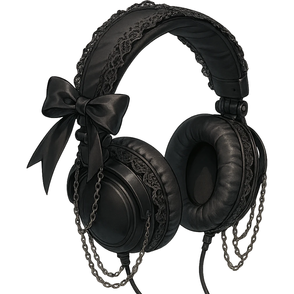 goth headphones, black with lace and chains, realistic anime style emoji