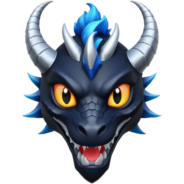 Darkstalker the NightWing dragon from Wings of Fire, black dragon with a sly smile, silver-tipped horns, magical aura emoji