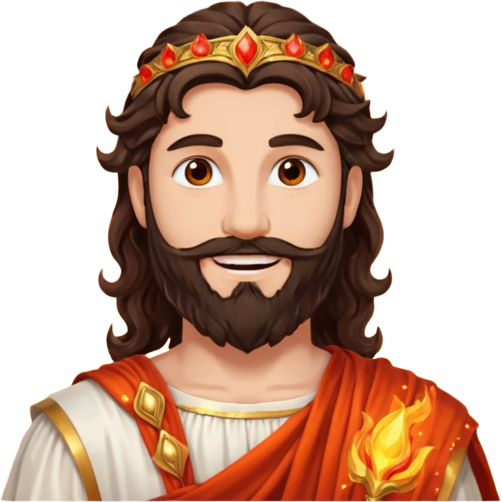 Vulcan, God of Fire from Roman Deities with long dark brown wavy hair and beard, red orange sequin toga  emoji