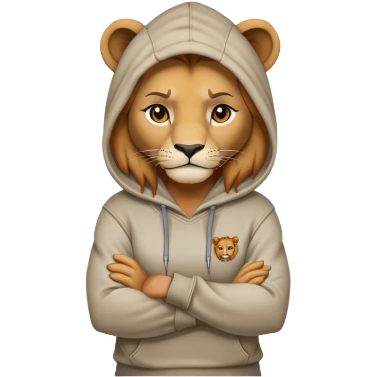 determined anthropomorphised female lion in a hoodie and jeans with arms folded, confident stance emoji