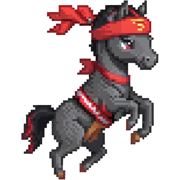 Ninja horse jumping in action, red headband, black outfit emoji
