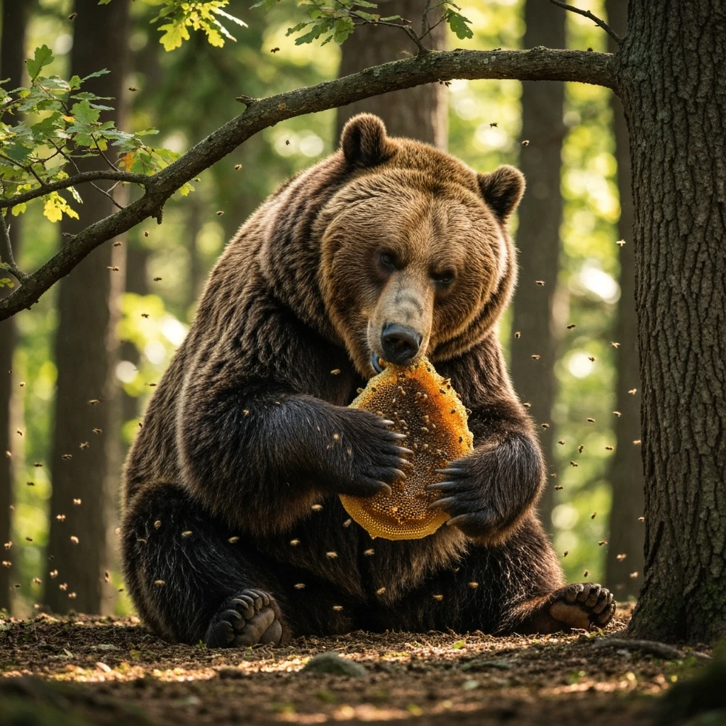 bear eating honeycomb with bees flying around emoji