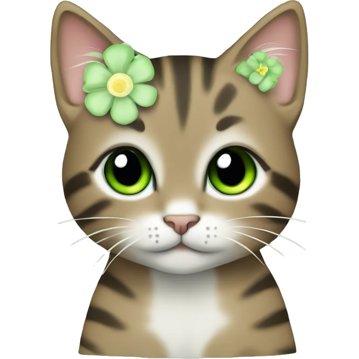kawaii brown tabby kitten with green eyes and pastel green flower emoji