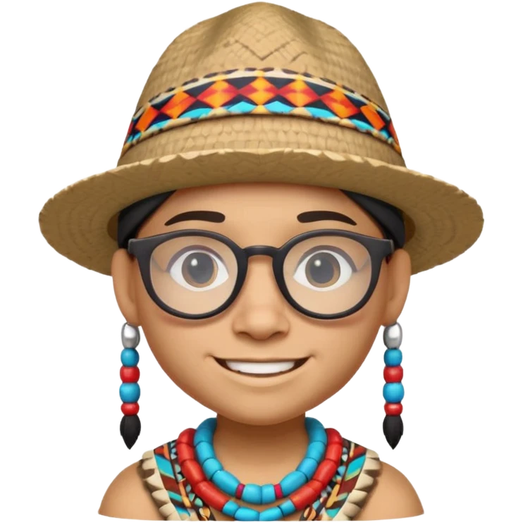 cute Indigenous tribal character portrait, head and shoulders only, wearing glasses, stylish hat, friendly smile, colorful tribal patterns, 3D cartoon, mobile game icon style, clean background, no text, no watermark
 emoji