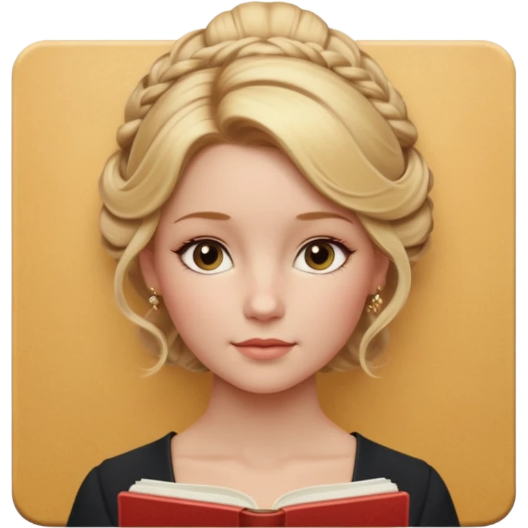 Cinematic Realistic Journal Portrait, depicted with lifelike skin texture, subtle rosy undertones, and soft natural lighting that enhances the gentle contours of her face. Her intricately detailed golden blonde hair is elegantly styled in an updo, emoji