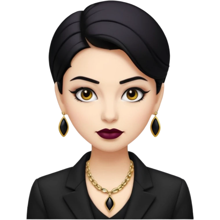“Emoji girl, sculpted contour, bold dark lipstick, defined brows, sharp eyeliner, sleek black hair updo, statement necklace, black blazer.” emoji
