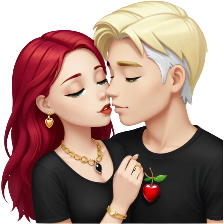 couple kissing, girl with long cherry red hair, blonde eyebrows, gold jewelry, boy with SHORT PURE WHITE hair like snow, dark t-shirt, silver ring with black stone emoji