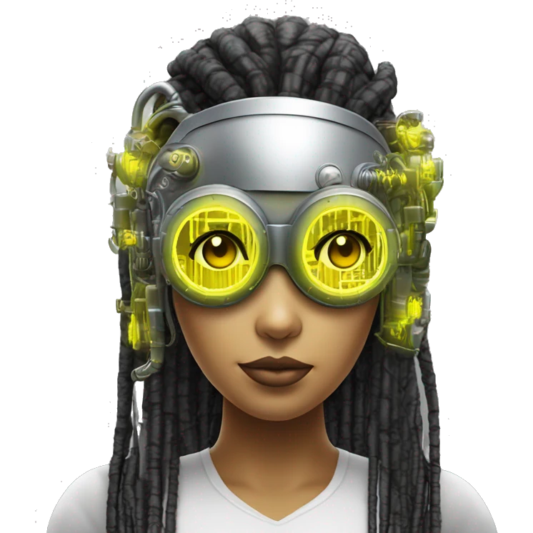 Neon yellow bobbed hair Latina female cyborg head with silver steampunk goggles and circuits emoji