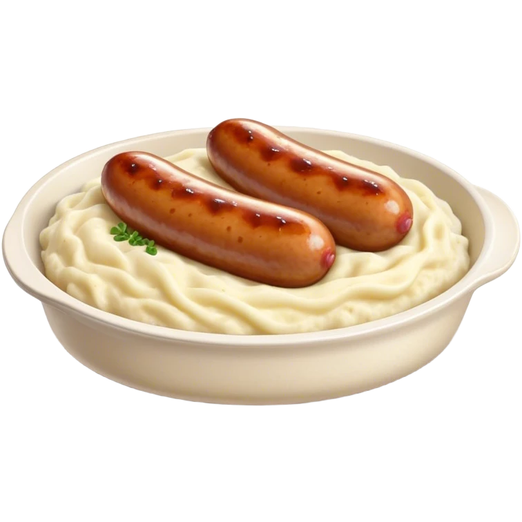 Cinematic Realistic Bangers and Mash Dish Emoji, featuring succulent pork sausages paired with creamy mashed potatoes rendered with detailed textures and natural highlights that emphasize its robust, hearty flavor. emoji