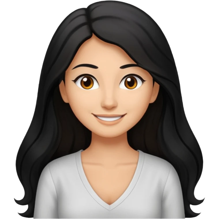medium tan woman with long black hair past middle of back, round brwn eyes, white v neck blouse smiling. emoji