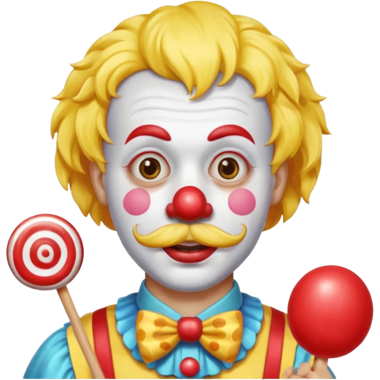 Funny clown — yellow wig, mustache, candy in hand emoji