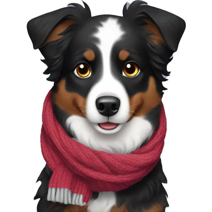 Small black australian shepherd dog wearing a knit scarf emoji