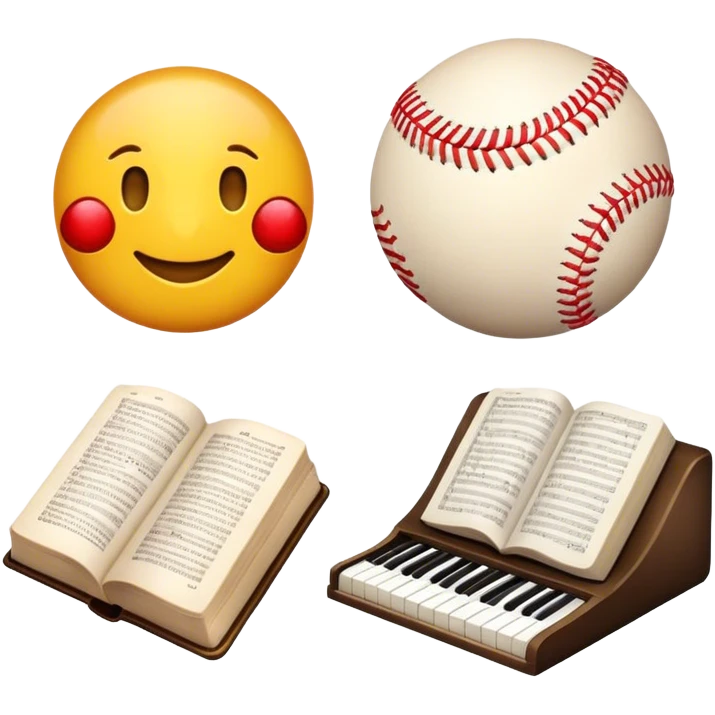 an emogi devided in 4 parts, one part is a Bible, another one is a baseball, another one is a piano and the last one represents science. emoji