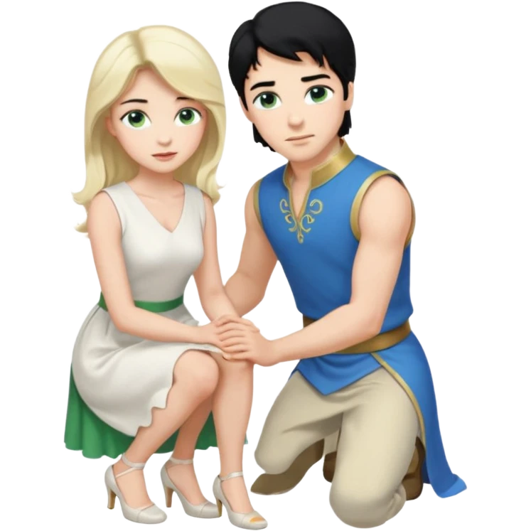 prince, upright, black Hair, blue eyes, garment, and woman, bending knee, sleveless white dress, blonde hair, green eyes, emoji