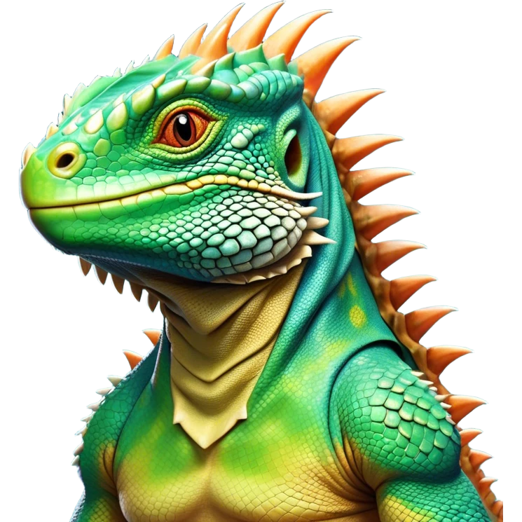 Cinematic Noble Iguana Portrait Emoji, Poised and majestic, with a robust, muscular build and a vibrant, scaly body accented by a prominent spiky crest and keen, observant eyes, Simplified yet sharp and sophisticated features, highly detailed, glowing with a soft, jungle radiance, high shine, intelligent and formidable, stylized with an air of ancient reptilian authority, focused and commanding, soft glowing outline, capturing the essence of a watchful guardian that appears ready to stride out of the screen with effortless might! emoji