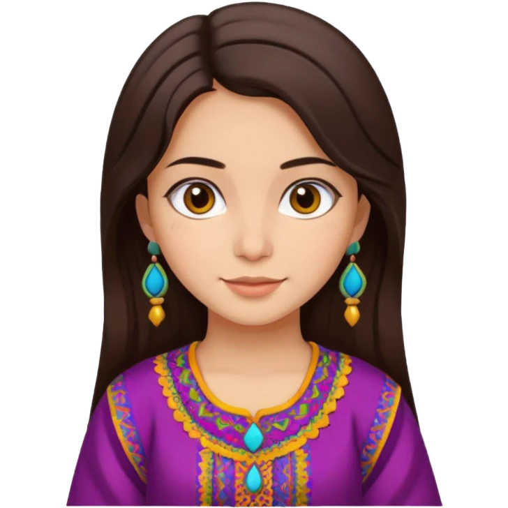 girl with dark brown hair, Afghan dress, vibrant colors, friendly face emoji emoji