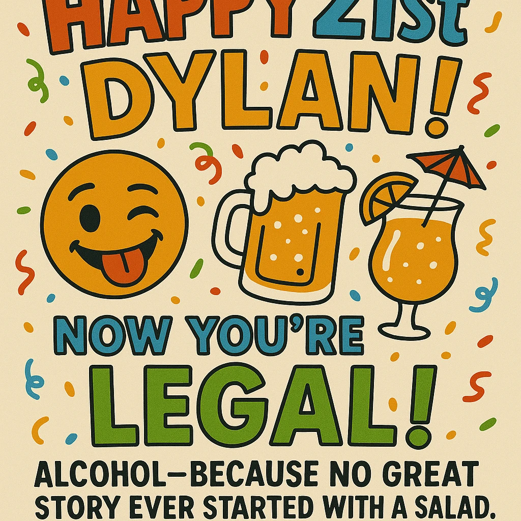 Add the funny drink quote: 'Alcohol—because no great story ever started with a salad.' Keep all original graphics and style. emoji