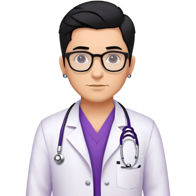Male doctor  canela skin glasses black hair, piercings and tatoos, violet uniform and white bata emoji