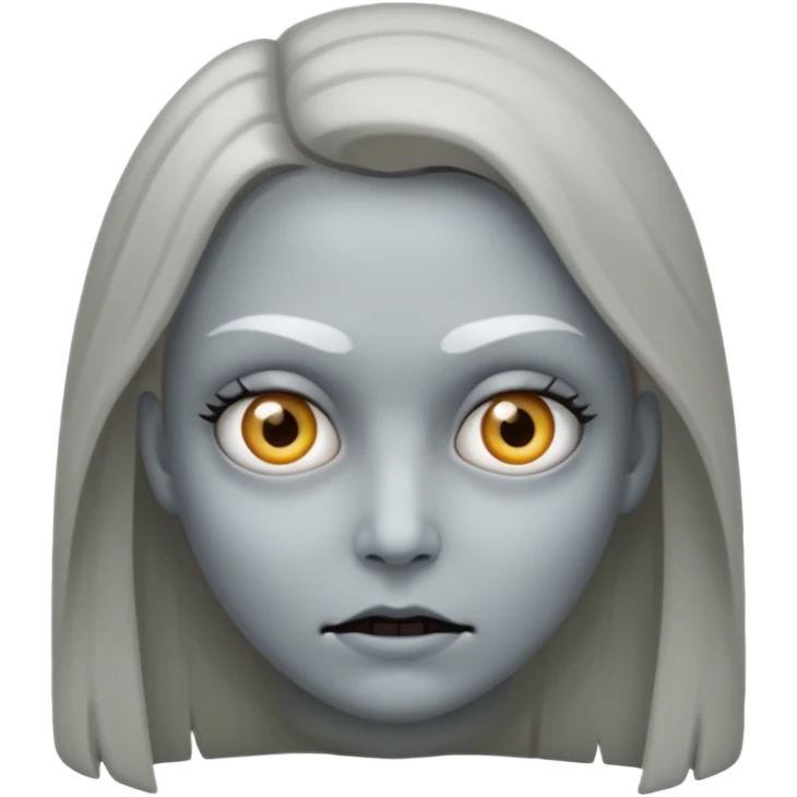 woman with gray skin and white eyes and a creepy face emoji