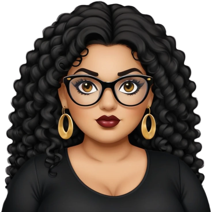 big plus size, latina, darker tan skin, long black curly hair, baddie,pretty, makeup, lipgloss, black eyeliner, long hair, stud gold earrings, black top, black glasses emoji