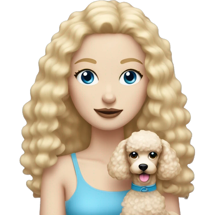 woman with straight blonde hair and blue eyes is holding a cream poodle  emoji