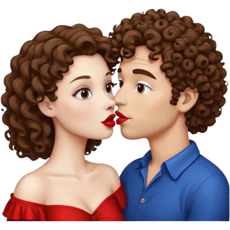 A couple kissing, the man would be white-skinned, curly, brown-hair. The serious woman with white skin, brown color emoji