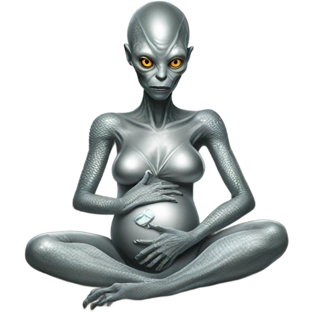 reptilian alien woman in silver dress, pregnant, sitting on couch emoji
