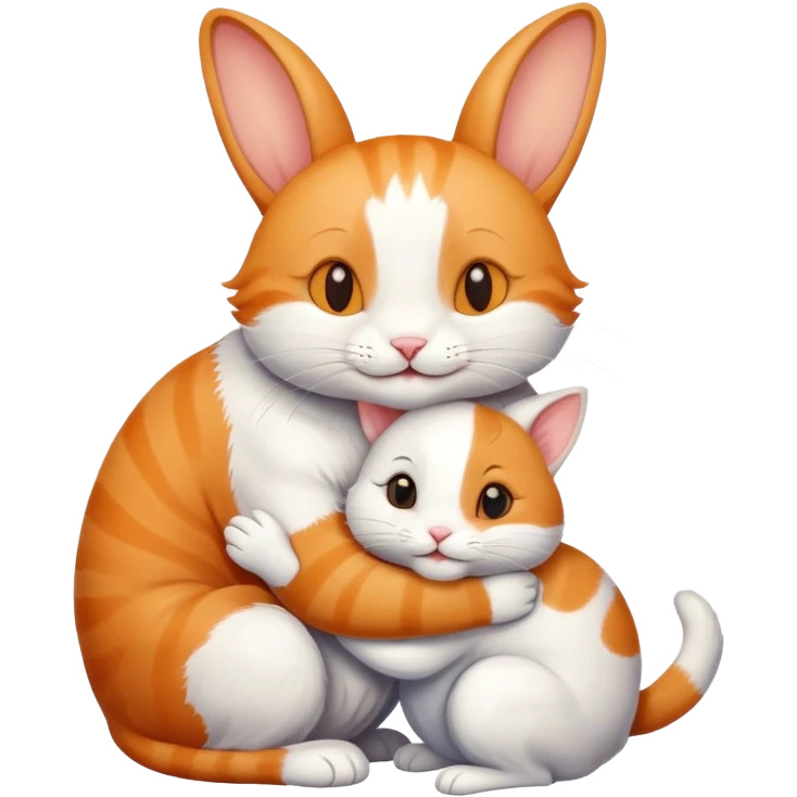 Smiling cat hugging a rabbit friend emoji