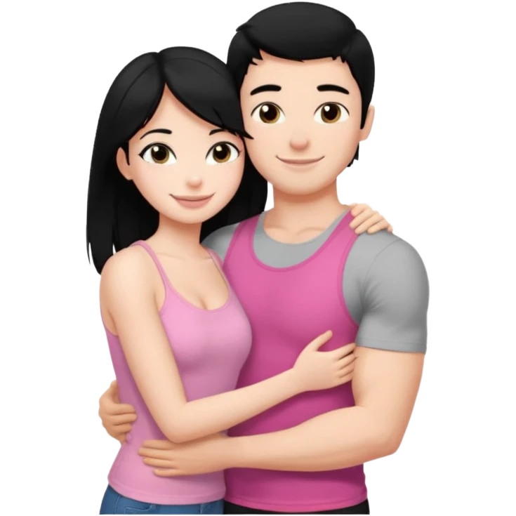 a pretty bratz fair girl. black hair, wearing a pink cami top, she is hugging a handsome fair guy with black hair. lean but muscular. is wearing a black tshirt emoji